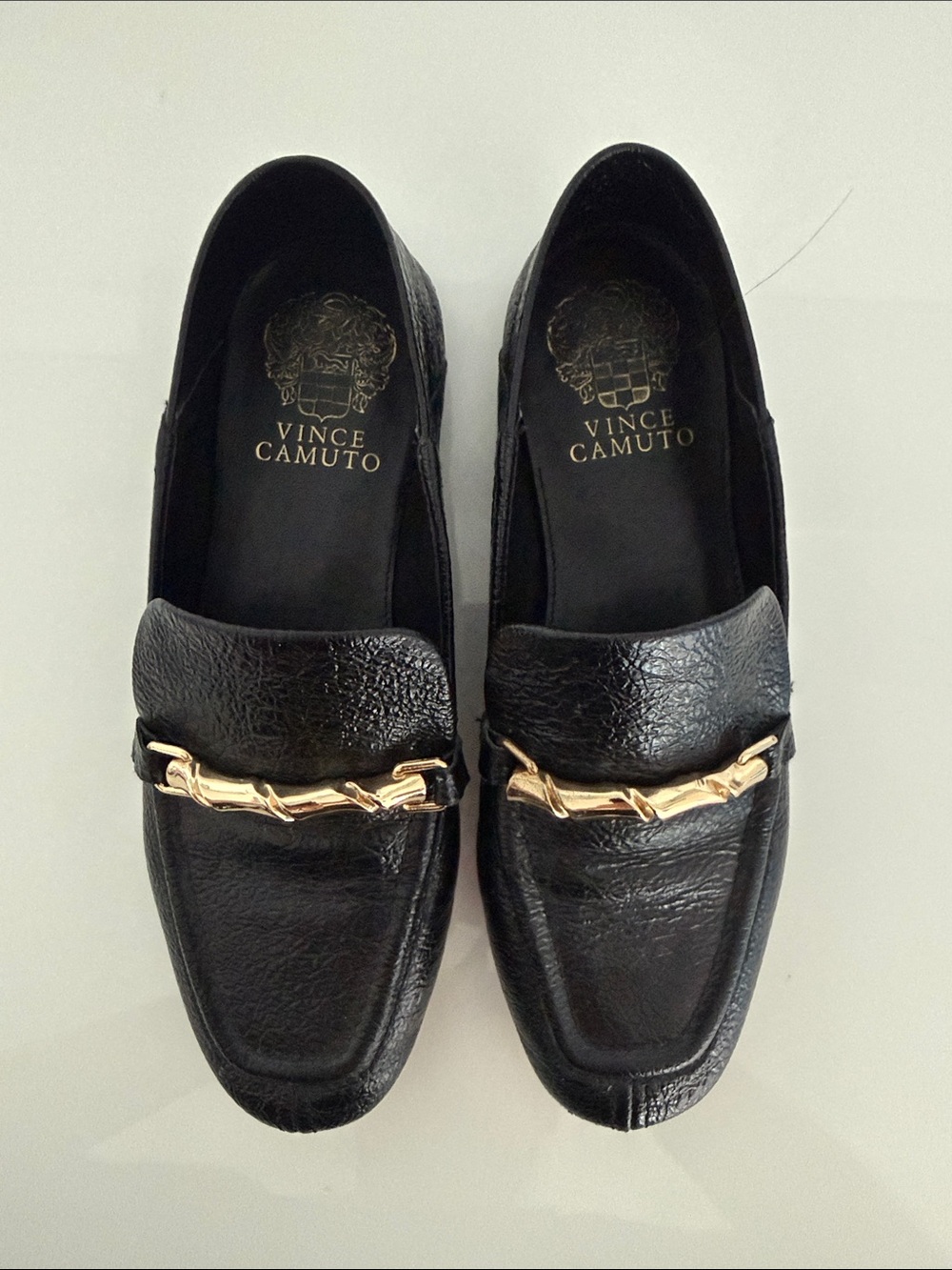 Vince Camuto Black Leather Loafers with Gold Chain Accent